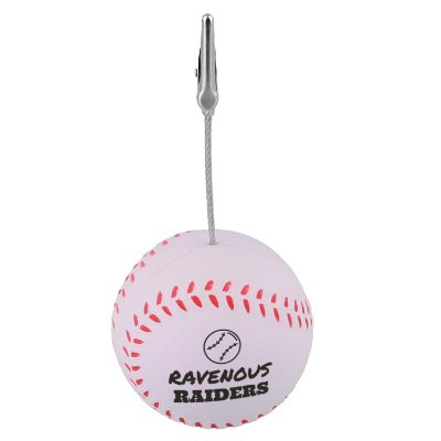 Polyurethane white baseball stress ball with metal memo clip with personalized imprint.