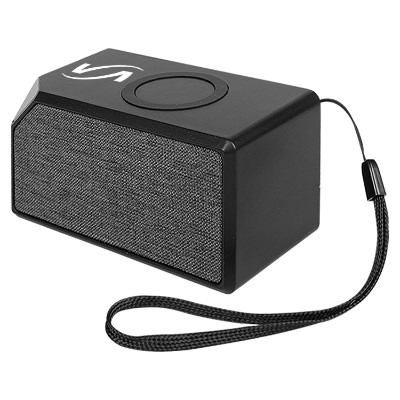 Black plastic speaker with a personalized imprint.
