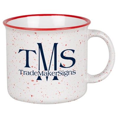 Ceramic red coffee mug with c-handle and custom print in 15 ounces.