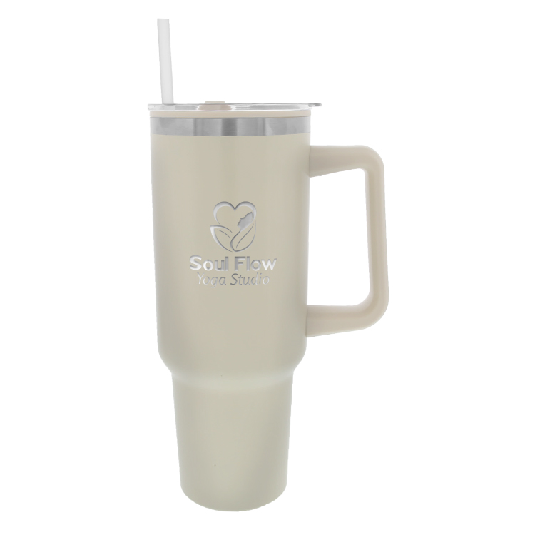Stainless steel with plastic lining tumbler with a custom engraved logo.
