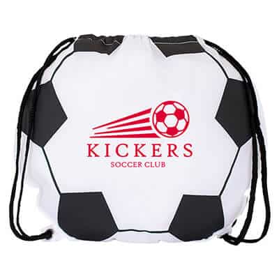 Polyester soccer drawstring with promotional logo.