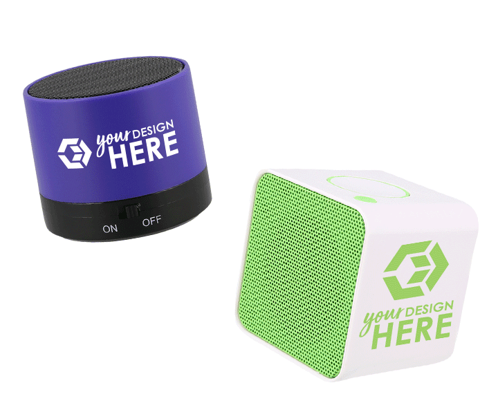 Purple custom bluetooth speakers with white imprint and white and green promotional bluetooth speakers with green imprint