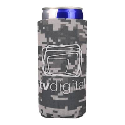 Foam gray camo energy drink can cooler with custom printing.