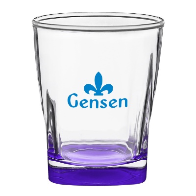Purple whiskey glass with custom logo.
