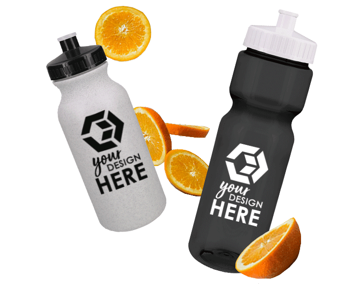 Gray custom plastic water bottles with black imprint and translucent smoke personalized plastic water bottles with white imprint