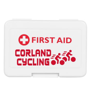 Plastic white first aid kit with a customized imprint.
