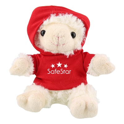 Plush and cotton ram with red hoodie with custom imprint.