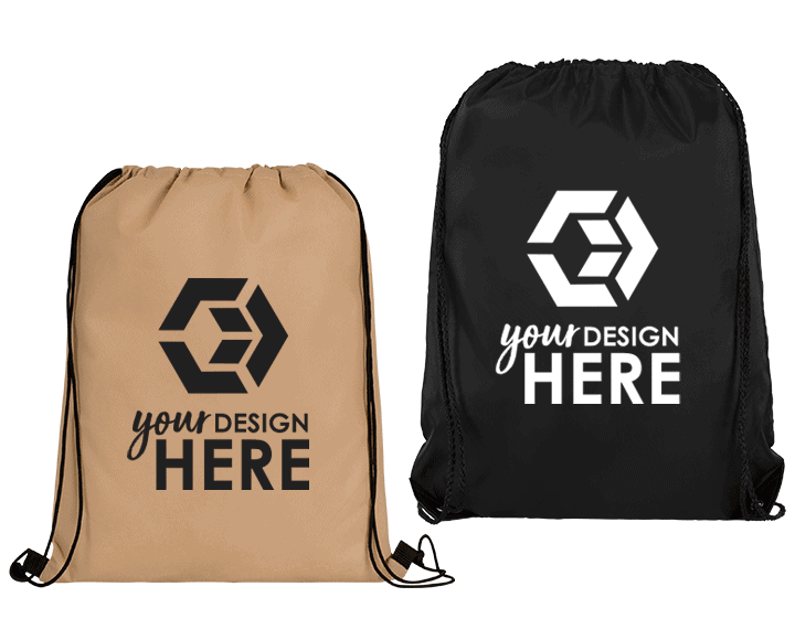 Brown personalized drawstring bags with black imprint and black promotional drawstrings bag with white imprint