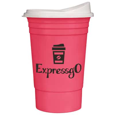 Plastic bright pink tumbler with custom printing and easy slid lid in 16 ounces.