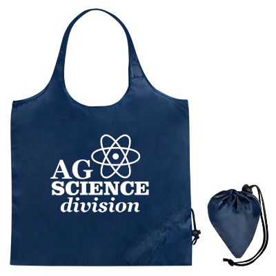 Polyester navy blue turn and fold tote with customized imprint.