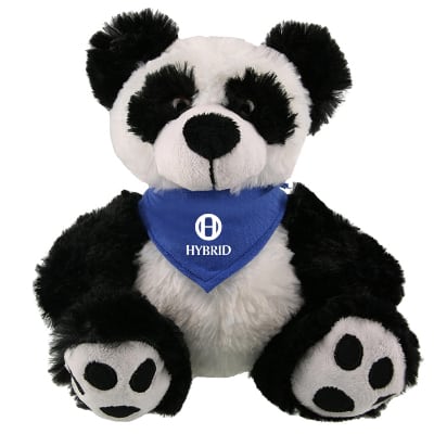 Plush and cotton panda with royal blue bandana with personalized logo.