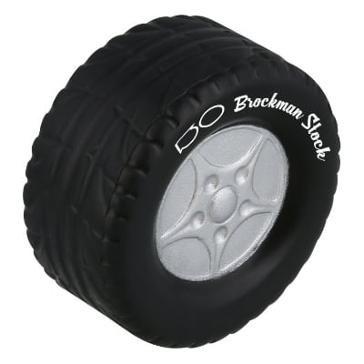 Foam tire stress ball with a printed logo.