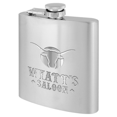 Silver flask with custom engraved logo in 6 ounces.
