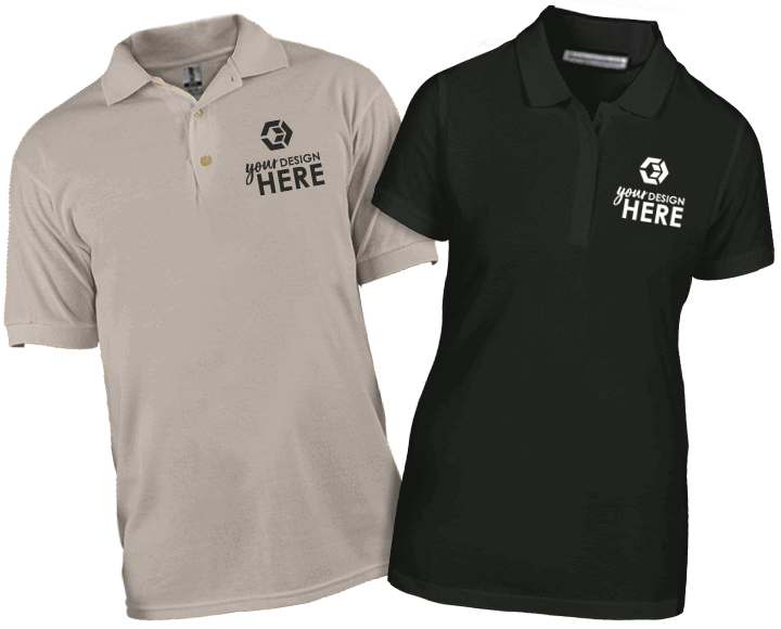 Tan promotional polos with black imprint and black imprint and black custom polo shirts with white imprint