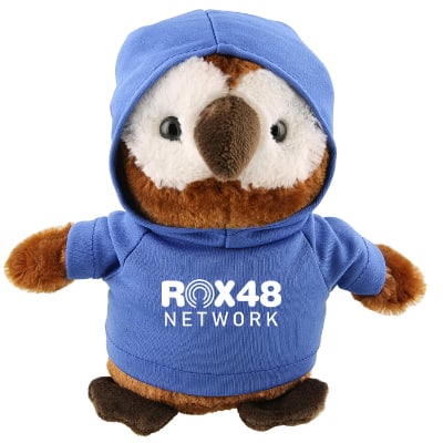 Plush and cotton owl with royal blue hoodie with custom logo.