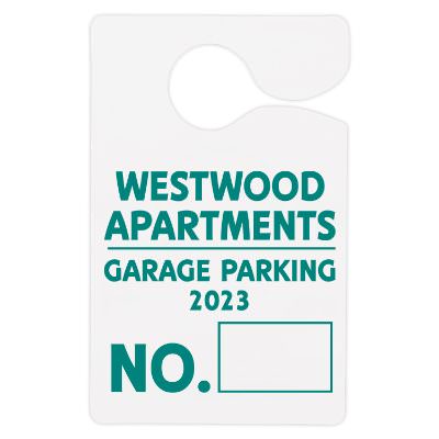 White plastic 3-in. x 4-3/4-in. hanging parking permit with custom logo.