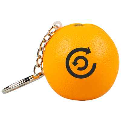 Orange foam stress ball keychain with a custom logo.