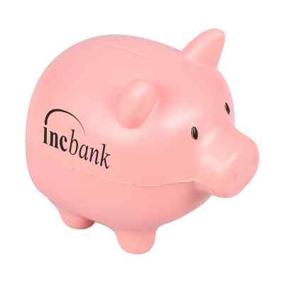Piggy bank squishy with a logo.