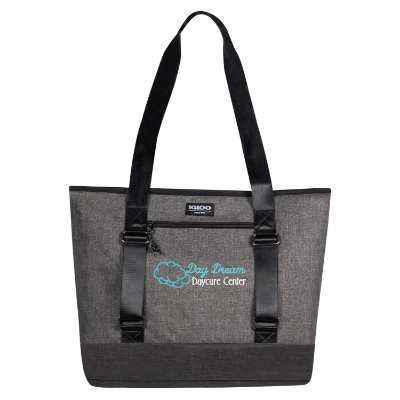 Gray tote cooler with embroidered logo.