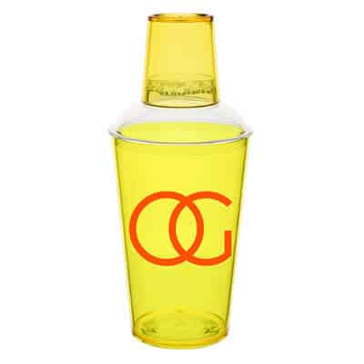 Acrylic yellow cocktail shaker with custom logo in 16 ounces.