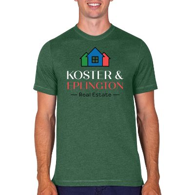 Dark green heather personalized t-shirt with full color logo.
