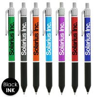 Chrome accented colored pen with personalized logo.
