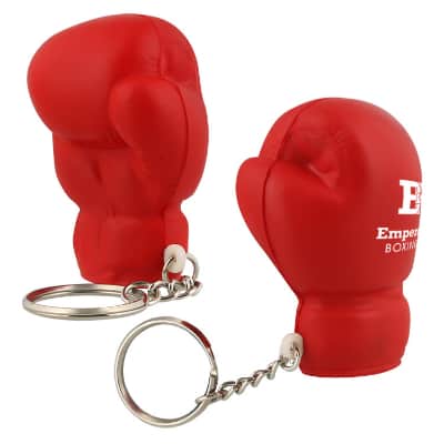 Foam boxing glove stress ball key ring with promotional imprint.