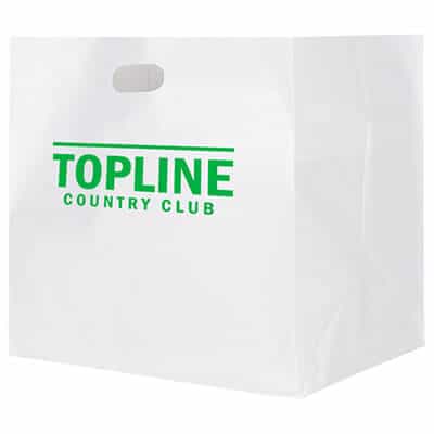 Plastic white recyclable take out bag with imprint.