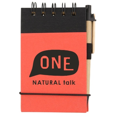 Cardboard and paper lime green mini jotter with pen and imprint.