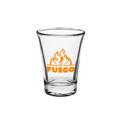 Clear shot glass with custom logo.