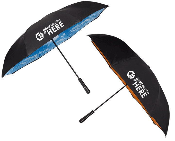 Black and blue custom inverted umbrellas with white imprint and black and orange wholesale inverted umbrellas with white imprint