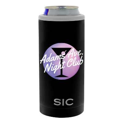 Stainless black can cooler with custom full color logo.