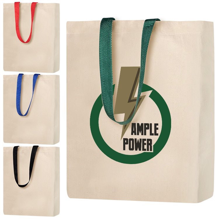 Cotton canvas natural with green grocery tote with custom full color logo.