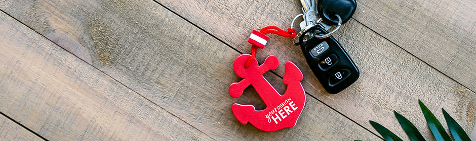 Red floating keychains with black imprint