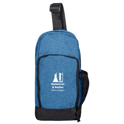 Blue sling backpack with custom logo.