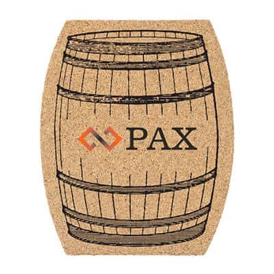 Cork barrel coaster with full color brand.
