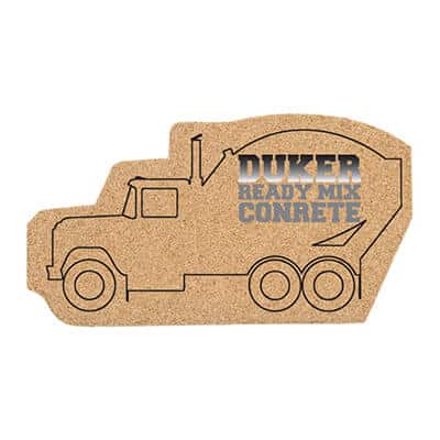 Cork cement truck coaster with full color brand.