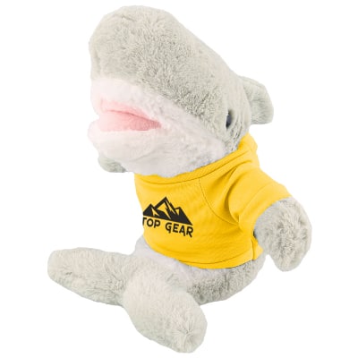 Plush and cotton shark with athletic gold shirt with custom imprint.