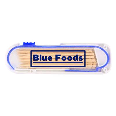 Blue toothpick holder with personalized logo.