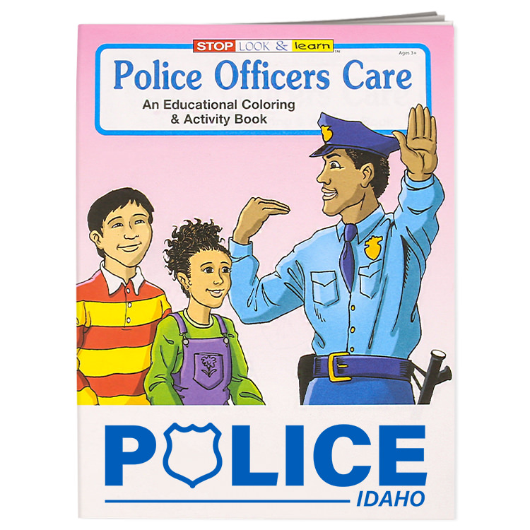Paper police officers care coloring book with logo.