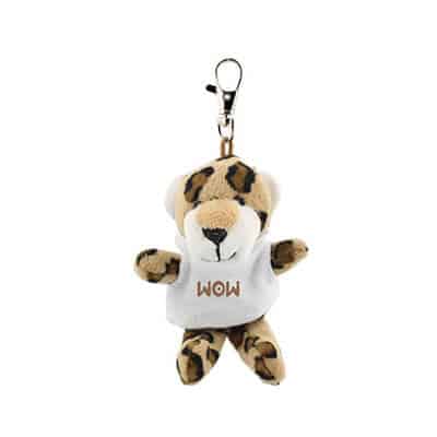 Plush and cotton white wild bunch key tag leopard with custom imprint.