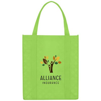 Polypropylene lime green prismatic tote with custom full color logo.