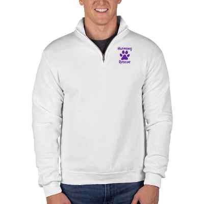White quarter-zip sweatshirt with custom logo.