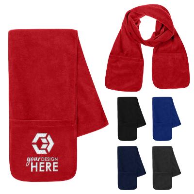 Folded red scarf with embroidered custom logo on end.