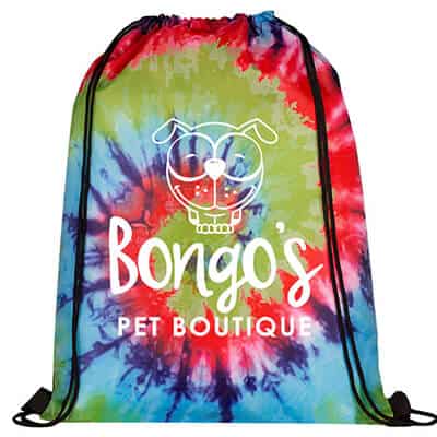 Polyester tie-dye drawstring with personalized logo.