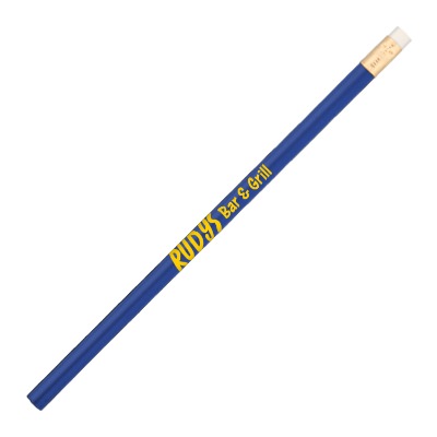 Royal blue pencil with custom yellow imprint.