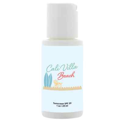 Plastic white sunscreen lotion customized with your logo.