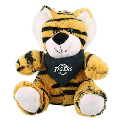 Plush and cotton tiger with navy bandana with personalized logo.