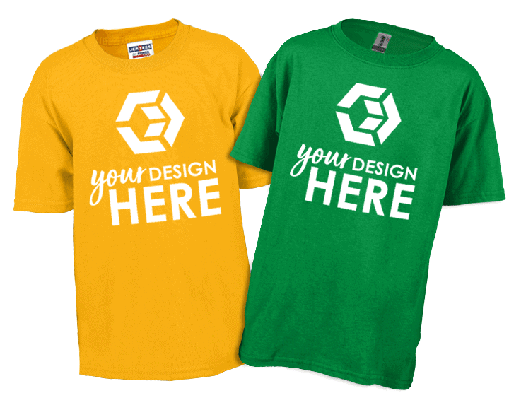 Yellow youth short-sleeve custom kids  t shirts with white imprint and green short-sleeve promotional youth t shirts with white imprint