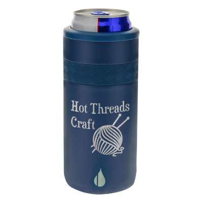 Stainless navy slim can cooler with custom engraved imprint.